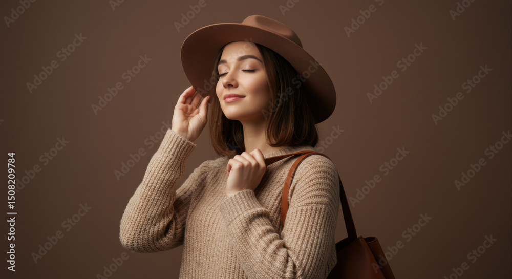 Young woman in a beige sweater and brown hat, adjusting her hat and carrying a brown tote bag, posing against a brown background. Casual fashion model in a relaxed pose in a studio setting. Young woman in a beige sweater and brown hat, adjusting her hat and carrying a brown tote bag, posing against a brown background. Casual fashion model in a relaxed pose in a studio setting.