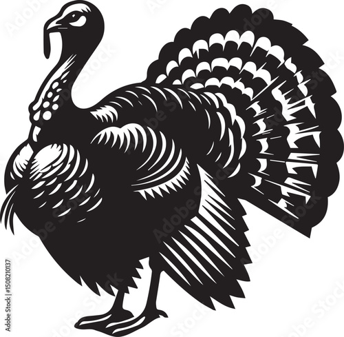 Stylized Black and White Turkey Silhouette Vector Illustration