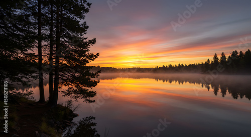 Serene Sunrise over Misty Lake with Silhouetted Pines Reflecting in Calm Water