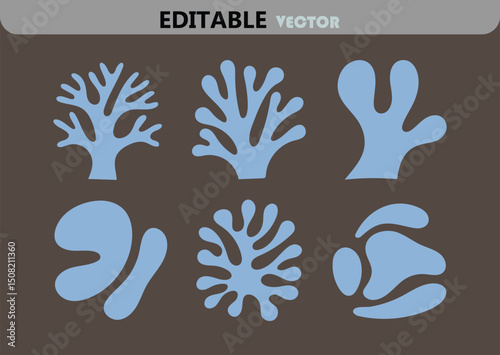 Stylized Seaweed Vector Shapes in Light Blue on a Brown Background for Graphic Design and Illustration Projects Editable Vector