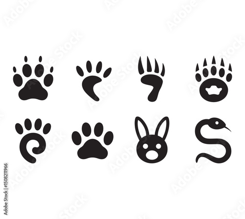 Black and White Animal Paw Prints Icons Set Bear Cat Dog Rabbit Snake Wildlife Nature Footprint Track