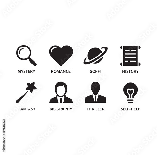 Black and White Book Genres Icons Set Magnifying Glass Heart Planet Scroll Wand Person Lightbulb on White Background