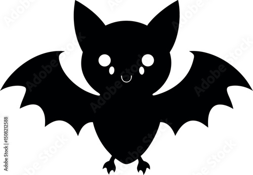 Black silhouette of a bat isolated on a white background. Concept of nocturnal wildlife, Halloween symbol, minimalist style, mysterious creature. Print, icon, design element.