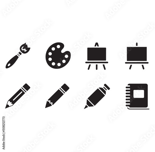 Black and White Flat Icon Set of Art Supplies for Painting and Drawing on White Isolated Background