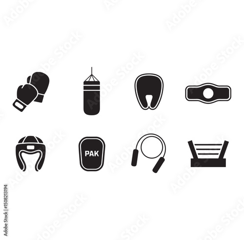 Black and White Silhouette Boxing Equipment Set Vector Illustration Isolated on White Background for Sport and Fitness Training