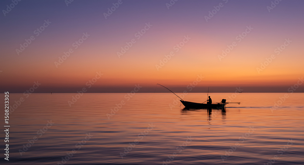 Fototapeta premium Serene Sunset Silhouette Fisherman in Small Boat at Sea Peaceful Twilight Scene