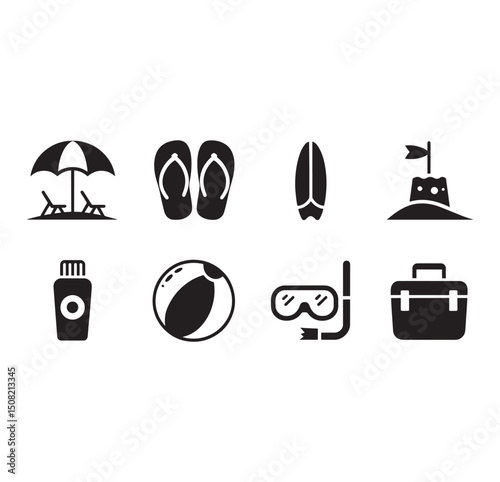 Black and White Summer Vacation Icons Set Beach Umbrella Flip Flops Surfboard Sandcastle Sunscreen Ball Snorkel Suitcase