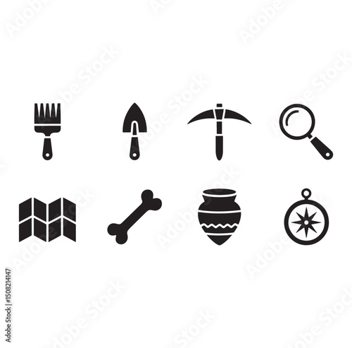 Monochrome Archeology and Paleontology Icons Set. Dig Site Tools, Ancient Artifacts, Fossil Remains, and Exploration Equipment Symbols