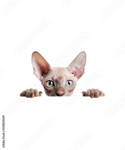 Bald Sphynx peeking  cat portrait, isolated on a white studio background