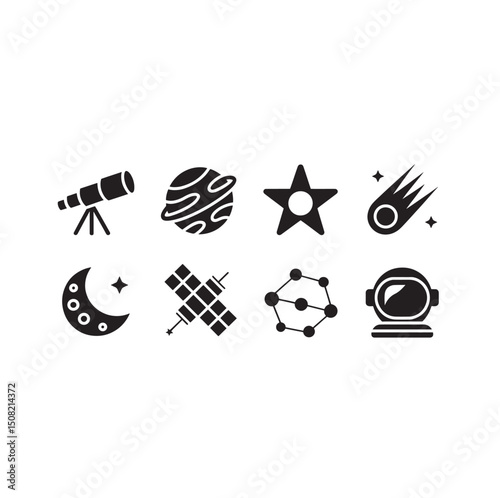Monochrome Space Exploration Icons Set Telescope Planet Star Comet Moon Satellite Constellation Astronaut Helmet