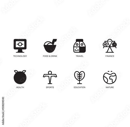 Outline Icon Set Diverse Categories Technology Food Travel Finance Health Sports Education Nature on White Background