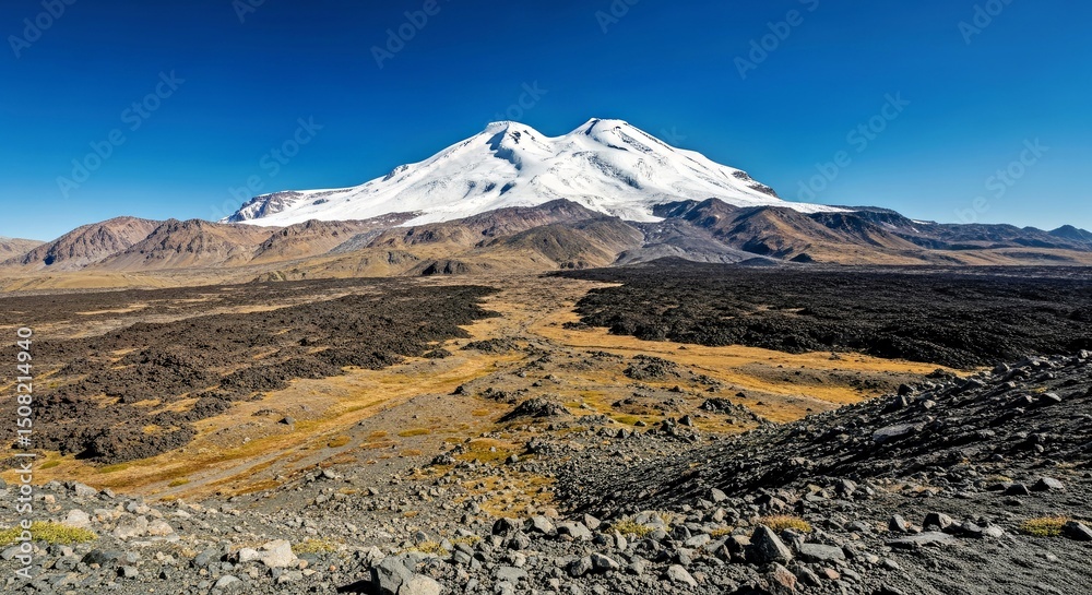 Obraz premium Mount Elbrus High-Altitude: Barren Rock Formations, Sparse Vegetation, Dramatic Scene