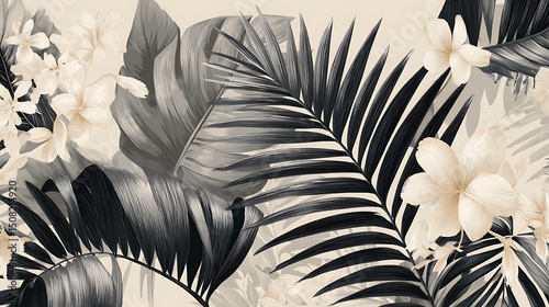 Monochrome 3D Tropical Pattern for Fabric Print
