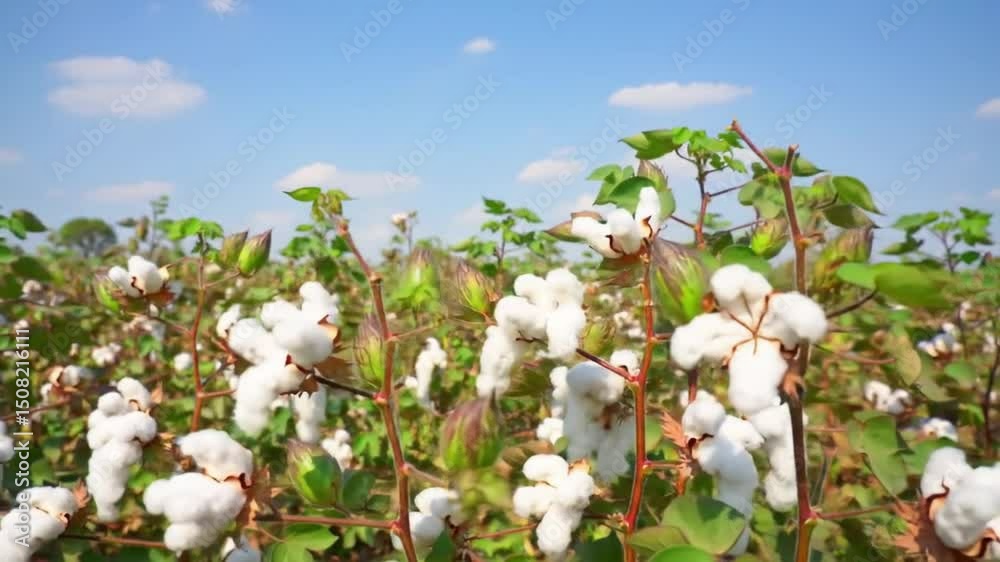 Cotton Field Under Azure Sky: Fluffy cotton bolls stand out against a clear sky, signaling the start of harvest season in a serene, open field.