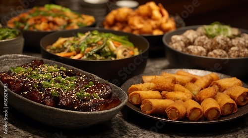 Asian buffet displays regional specialty dishes.