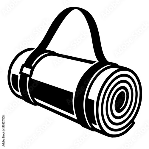 Monochrome vector illustration of a rolled yoga mat with a strap, ideal for themes of fitness, meditation, or well-being.