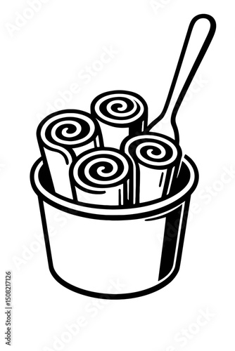 Monochrome vector illustration of rolled ice cream with toppings, ideal for themes of dessert, sweets, or culinary treats.