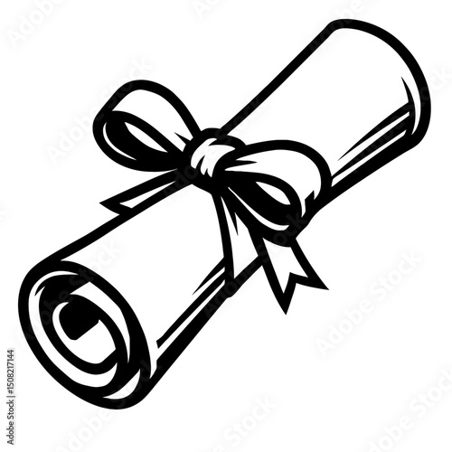 Monochrome vector illustration of a rolled diploma tied with a ribbon, ideal for themes of graduation, achievement, or academic success.