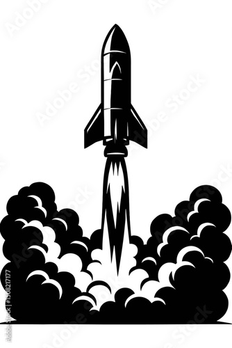 Monochrome vector silhouette illustration of a rocket launching, ideal for themes of space, exploration, or innovation.