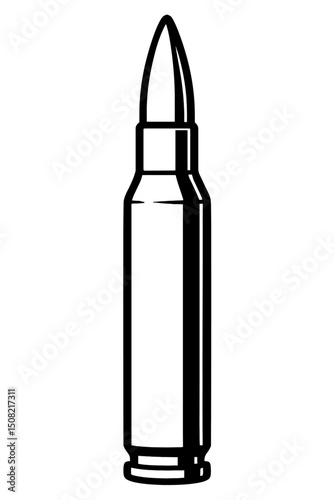 Monochrome vector illustration of a bullet cartridge, ideal for themes of weaponry, military, or simple design.