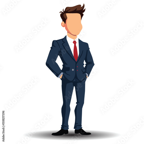 Stylish cartoon businessman in formal dark blue suit, red tie and hands in pockets pose on clean white background