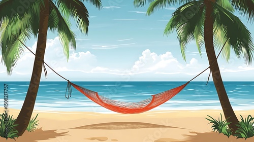 Tranquil beach scene with a hammock under palm trees.