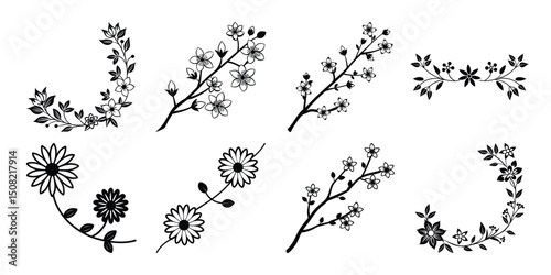 Curved floral branches and hand drawn flower wreath icons in silhouette and outline style ideal for decorative, seasonal and wedding design elements.