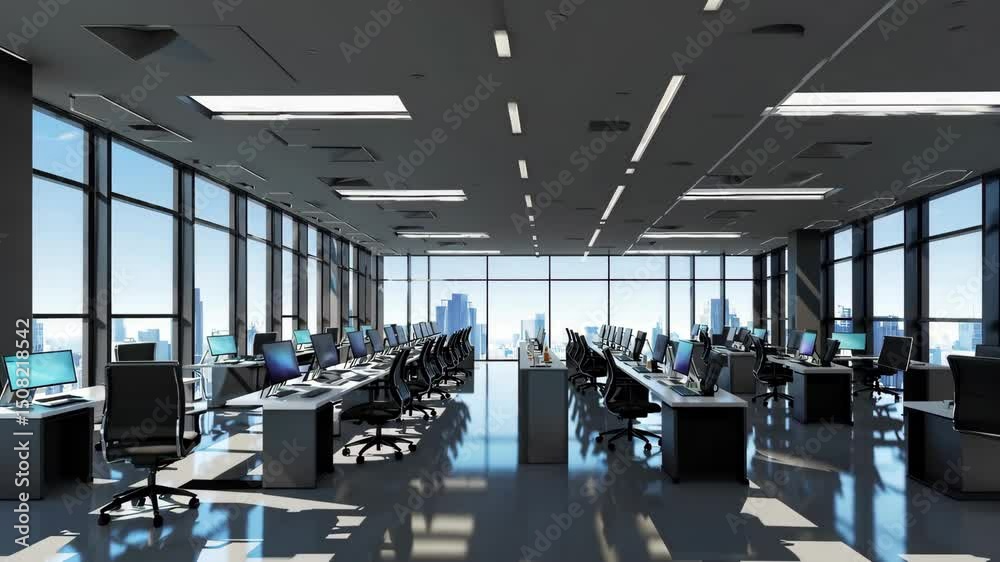 Modern office space with rows of desks and computers in urban highrise setting workplace dynamics