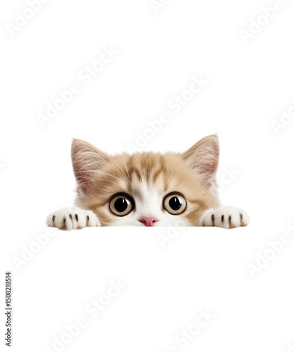 Adorable young peeking  white fluffy ragdoll kitten with blue eyes holding a blank sign