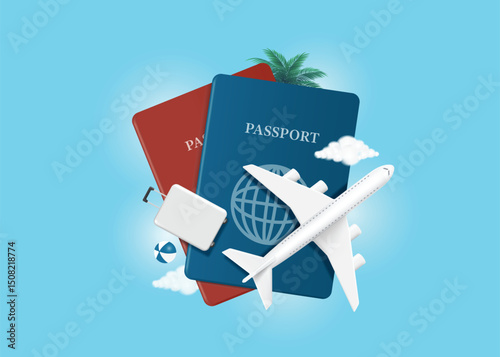 Air plane and luggage or baggage are placed on top of blue and red passports, ready for summer travel, vector 3d illustration on blue background for summer travel concept design
