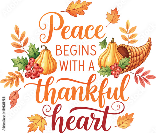 Thanksgiving Peace and Gratitude Graphic, Watercolor Style Thankful Heart Design