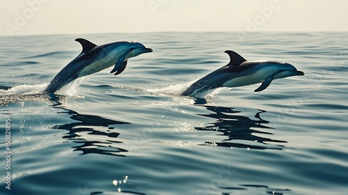 A serene moment as dolphins leap from glassy waves under a clear sky, with sunlight casting crisp reflections across the calm ocean surface.