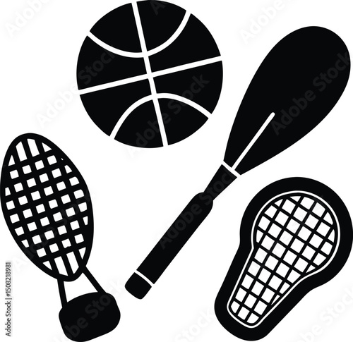 Sports Equipment Icons Basketball, Lacrosse Stick, Racquet and Paddle