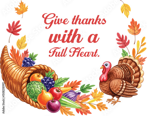 Give Thanks with a Full Heart - Thanksgiving  Design, Watercolor Style Thanksgiving Elements
