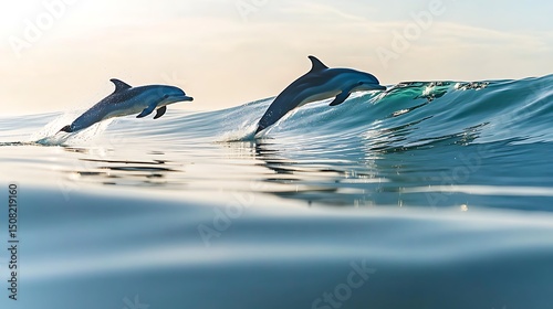 A serene moment as dolphins leap from glassy waves under a clear sky, with sunlight casting crisp reflections across the calm ocean surface.