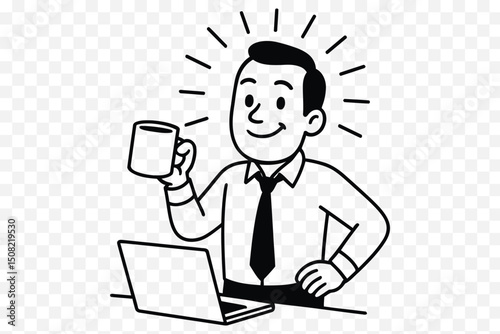 Happy Office Worker Holding Coffee Mug – Motivated Workday Cartoon Line Art
