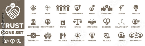 Trust icon set. confidence, credibility, promise, trustworthy, Trusted, Integrity, Reciprocity, Relationship, Swear, friends, truth, faith, sincerity and honesty. Vector solid icons collection.  
