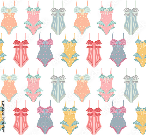 Vector summer pattern with retro swimsuits on a white background. Texture with vintage swimwear in pastel colors.