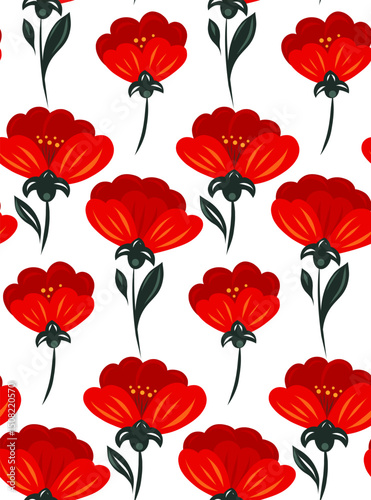 Vector naive pattern with red poppies in a row on a white background. Decorative floral texture in folk art style