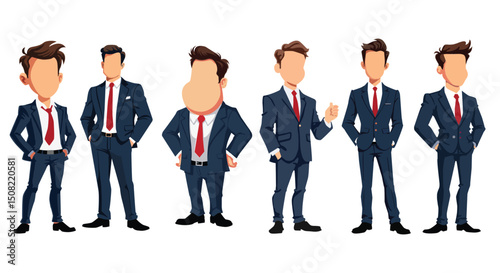 Collection of faceless cartoon businessmen in suits and red ties, various poses and hairstyles, isolated on white background