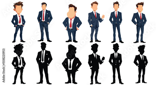 Full collection of faceless cartoon businessmen and their black silhouette versions, in formal navy suits and red ties, showing various confident poses