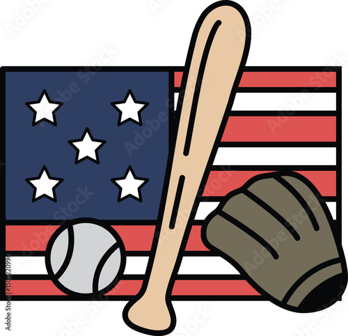 A baseball bat, baseball and glove are on a red, white and blue American flag