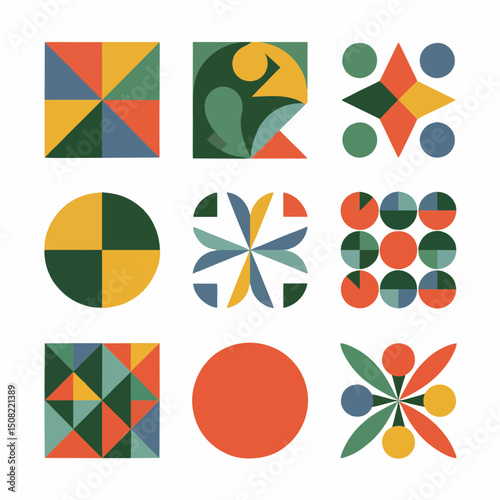 Collection of nine abstract geometric shapes in muted tones, a concept for branding, website design, and pattern creation