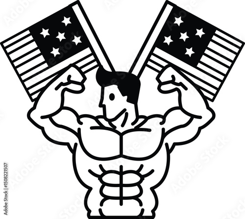 A man with a muscular build is holding two American flags in his hands