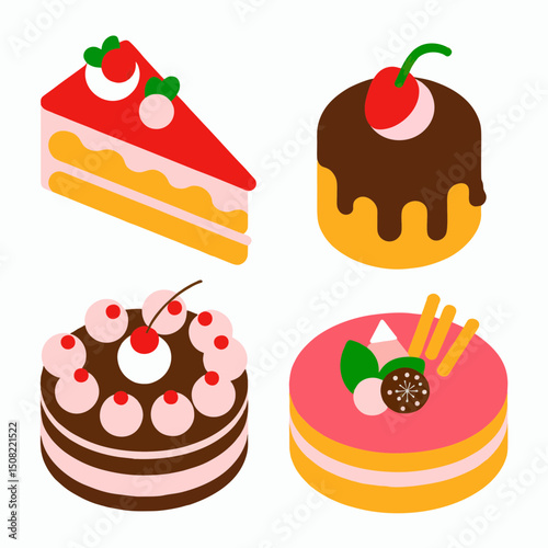 Isometric illustration of four delicious cakes: strawberry shortcake, chocolate cake with cherry, double-layered cake with cherries, and pink layered cake with fruit toppings, concept for bakery menu