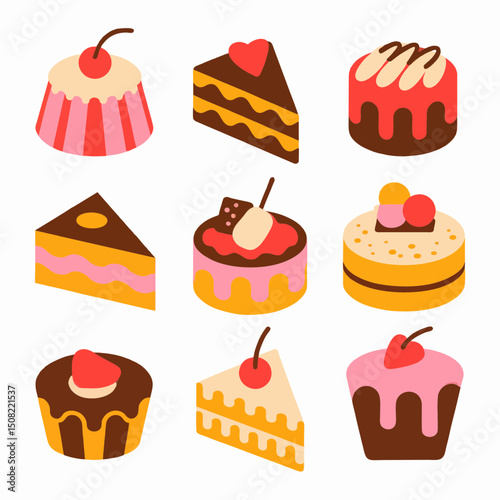 Collection of nine colorful isometric cake icons, including chocolate cake, strawberry cake, and cherry cake slices, perfect for bakery concept, menu design, and food packaging