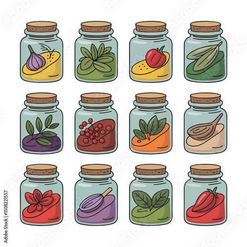 Twelve glass jars with various spices and herbs, cork lids, isolated on white background, concept for cooking, food blog, recipe design