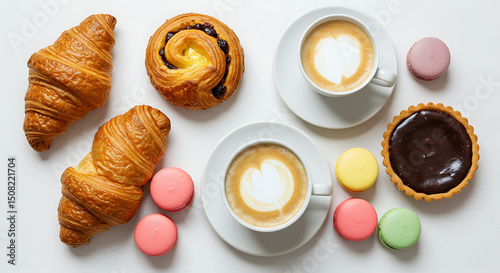 Delicious Pastries Croissants Macarons Cappuccino Coffee Flatlay