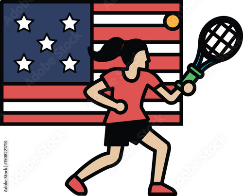 A woman is playing tennis on a court with the American flag in the background