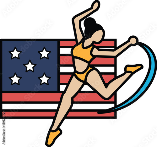 A woman is running and jumping over a flag with stars